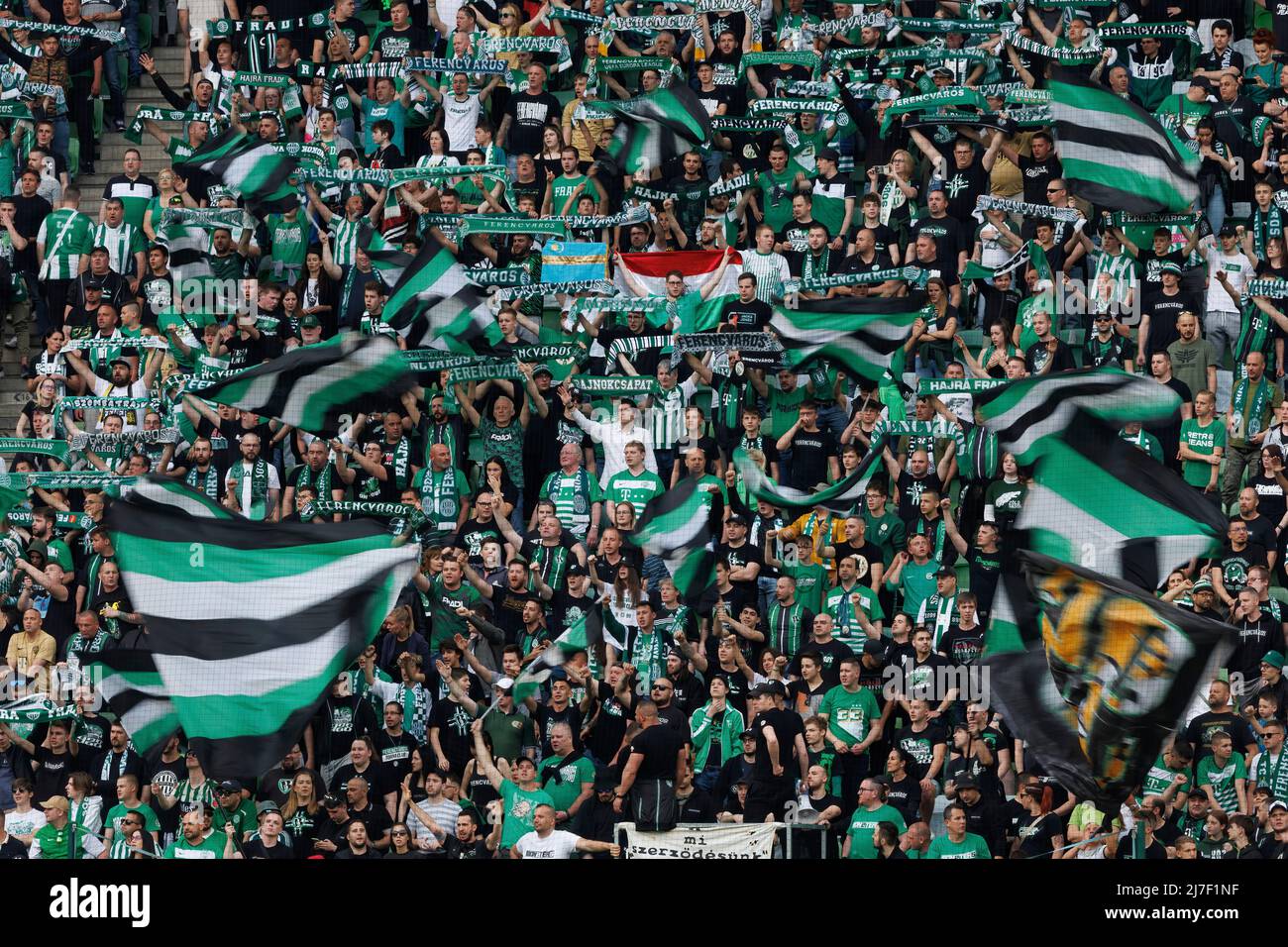 BUDAPEST, HUNGARY - MAY 7: Ultra fans of Ferencvarosi TC show support  during the Hungarian OTP Bank