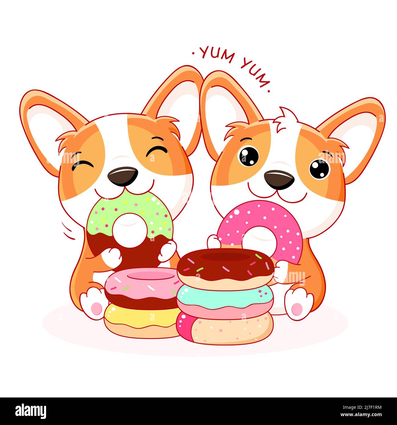 Two cute dogs with donuts. Inscription Yum yum. Kawaii corgi puppy are happy to eat donut. Friends have picnic. Vector illustration EPS8 Stock Vector