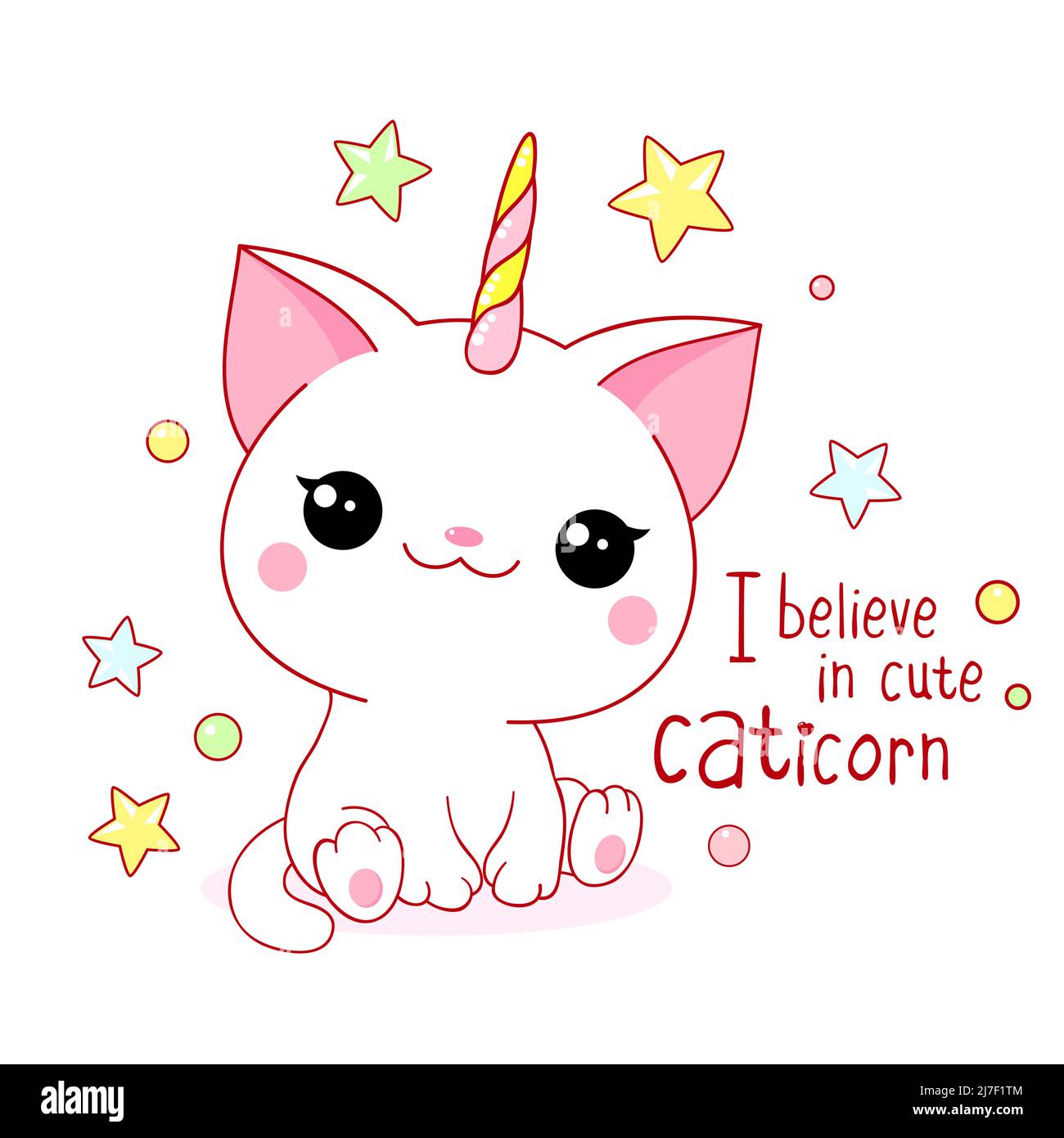 Cute card in kawaii style. Little unicorn cat with  horn. Happy white kitten unicorn. Inscription I believe in cute caticorn. Vector illustration EPS8 Stock Vector