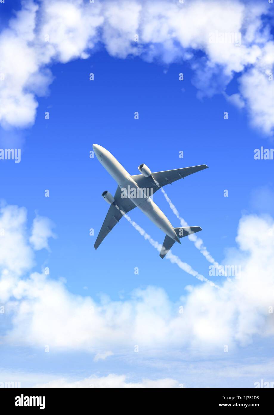 Vertical nature background with aircraft and Jet trailing smoke in the ...