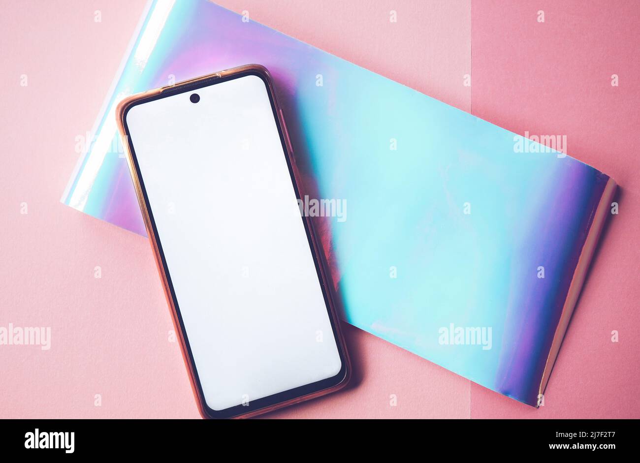 Elegant android phone mockup with a fresh design with iridiscent colors Stock Photo
