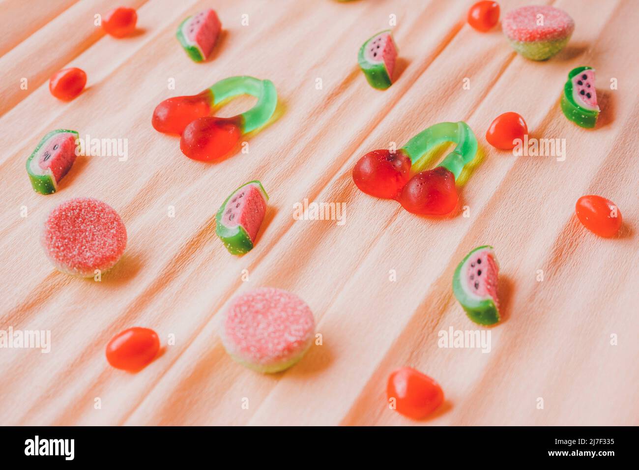 background with summer and youth atmosphere doing with fruit shaped jelly beans Stock Photo