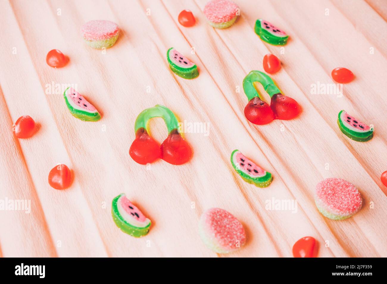 background with summer and youth atmosphere doing with fruit shaped jelly beans Stock Photo