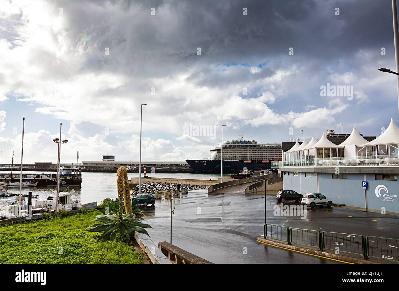 FUNCHAL, MADEIRA ISLAND February 20, 2022 Port of Madeira. Ship liner on the pier. City of