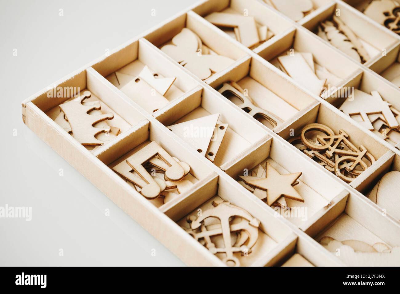 Image of multiple wooden pieces with diferent shapes for diy work Stock Photo
