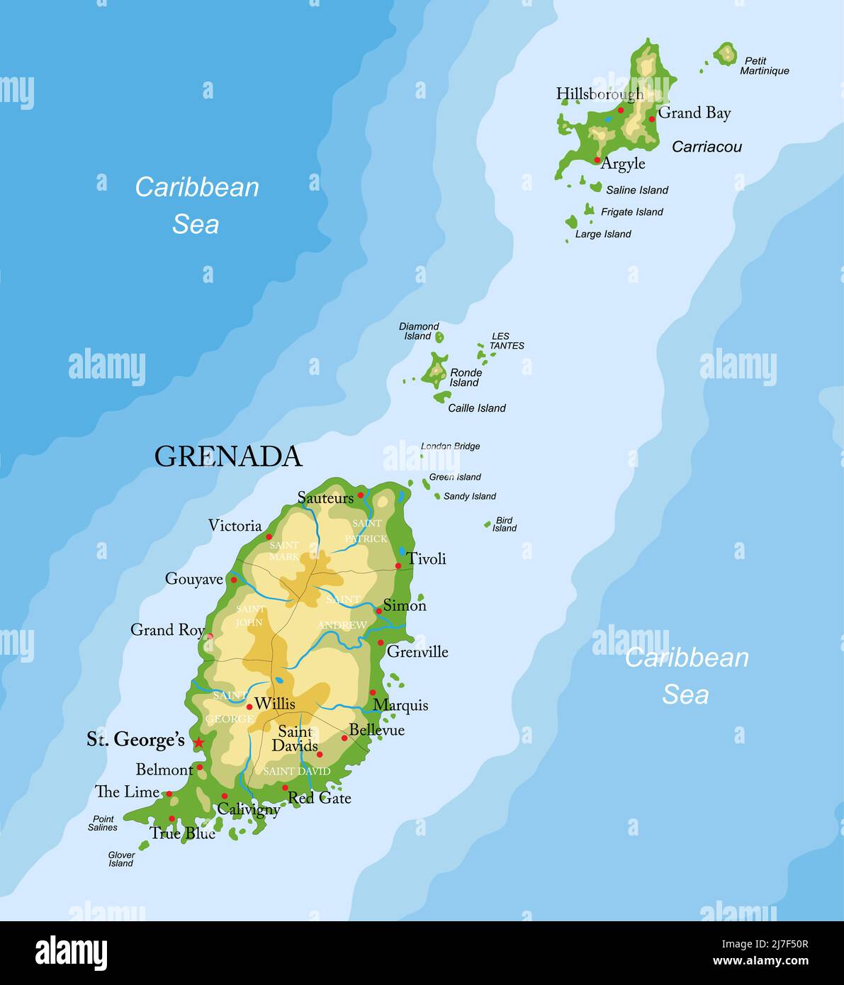 Highly detailed physical map of Grenada islands ,in vector format,with all the relief forms,regions and big cities. Stock Vector