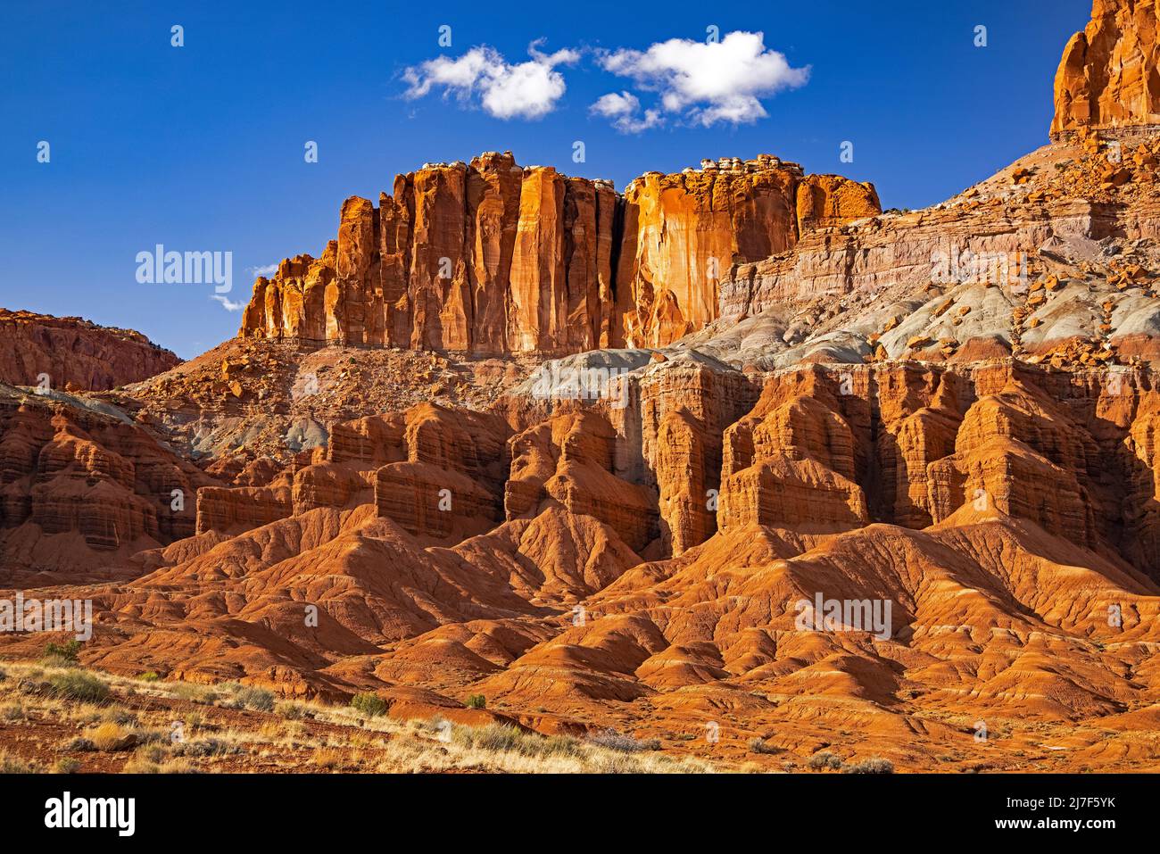 This is a springtime view of The Fluted Wall area in Capitol Reef National Park, Torrey, Wayne County, Utah, USA. Stock Photo