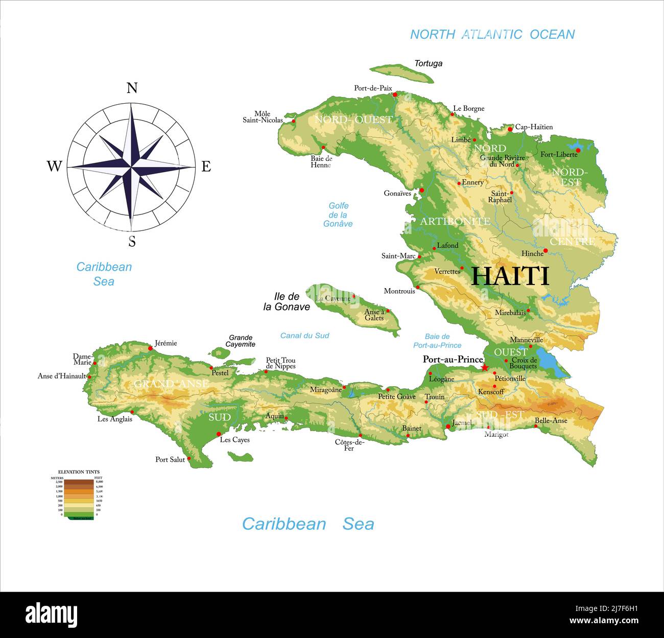 Highly detailed physical map of Haiti, in vector format,with all the relief forms,regions and big cities. Stock Vector