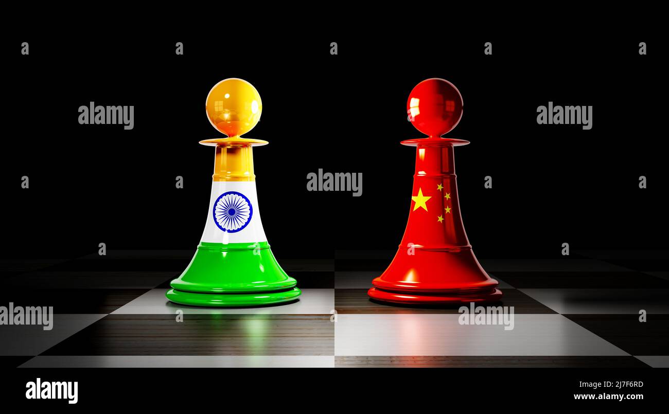 India and China relations, chess pawns with national flags - 3D illustration Stock Photo