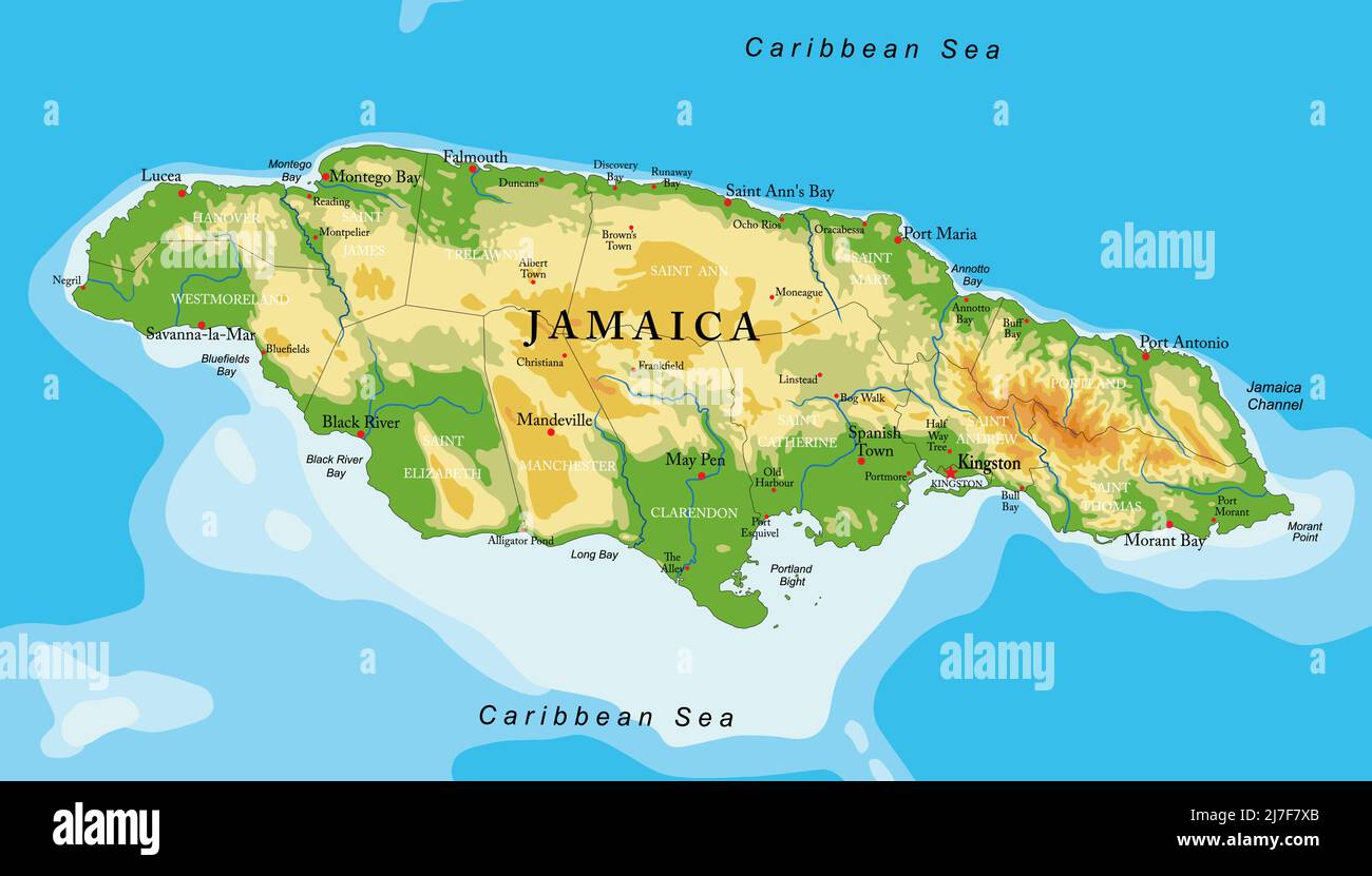 Highly detailed physical map of the Jamaica,in vector format,with all the relief forms,regions and big cities. Stock Vector