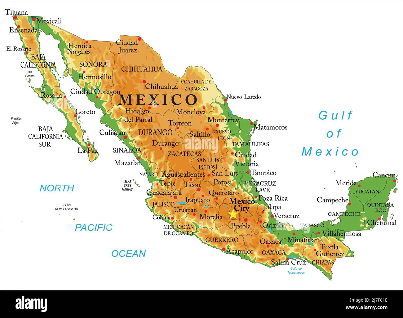 Highly detailed physical map of Mexico,in vector format,with all the relief forms,regions and big cities. Stock Vector