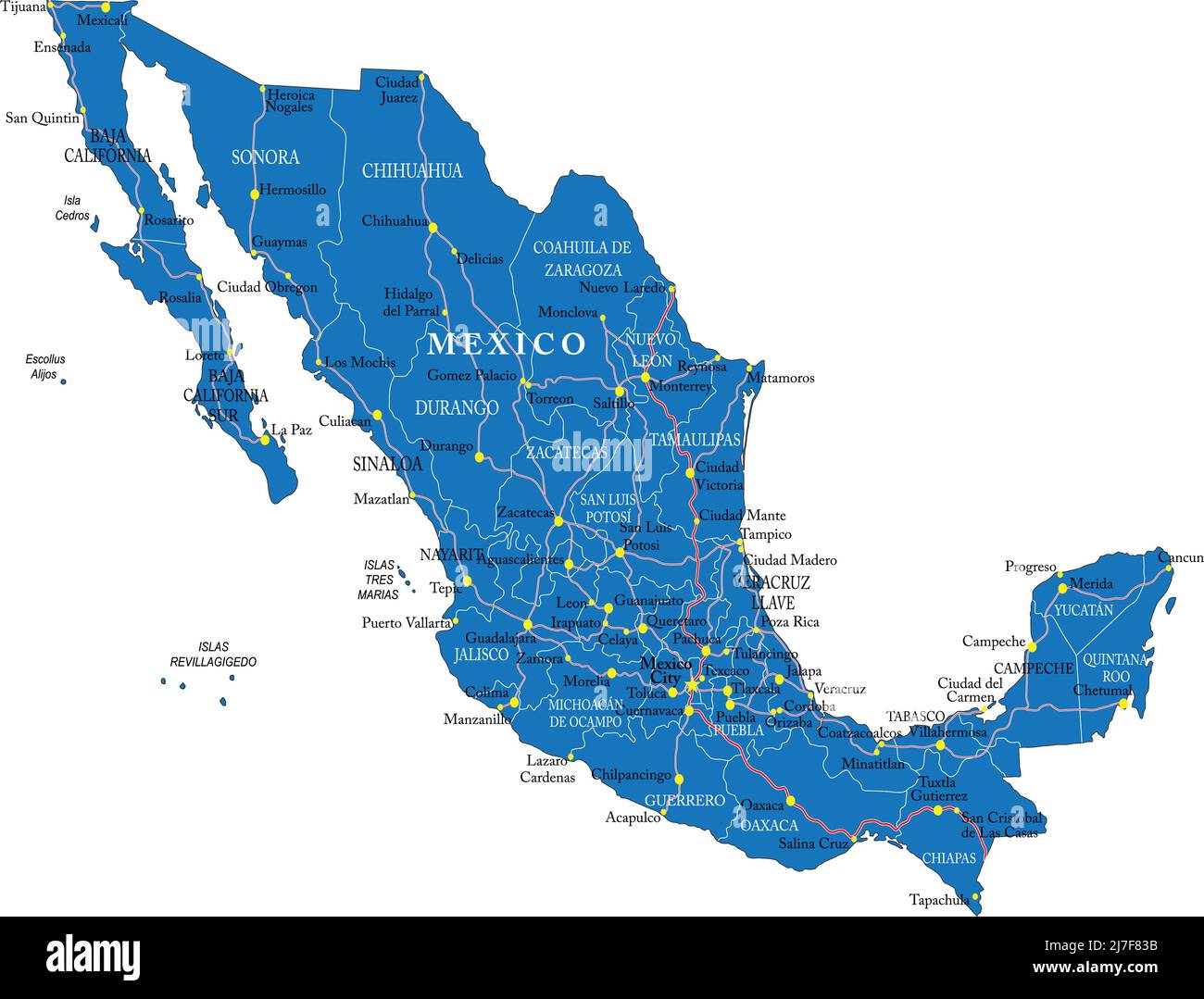 Mexico highly detailed map with main cities,regions and roads. Stock Vector