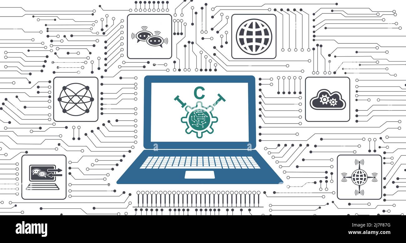 Concept of ict with icons integrated in circuit Stock Photo - Alamy