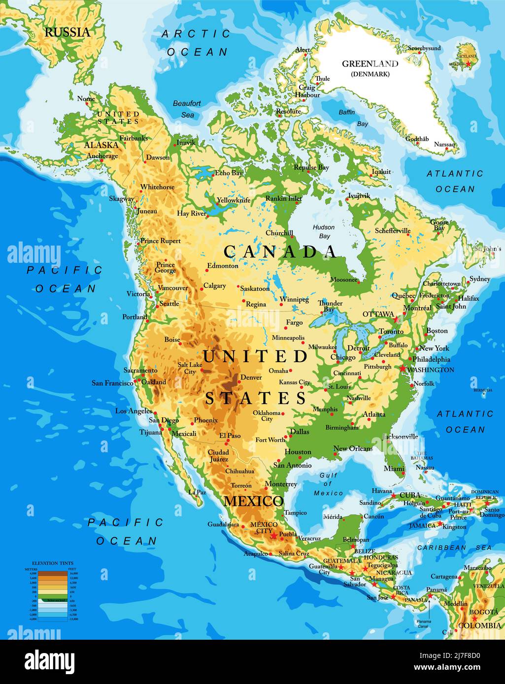 Highly detailed physical map of North America,in vector format,with all
