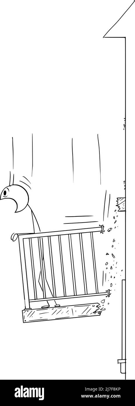 Shocked Person Standing on Falling Balcony , Vector Cartoon Stick Figure Illustration Stock Vector
