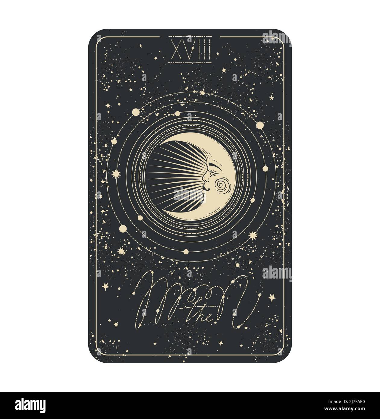 Sun card icon moon, crescent with face on black space background with stars. Major arcana for divination witch, aesthetic hand drawn illustration in v Stock Vector