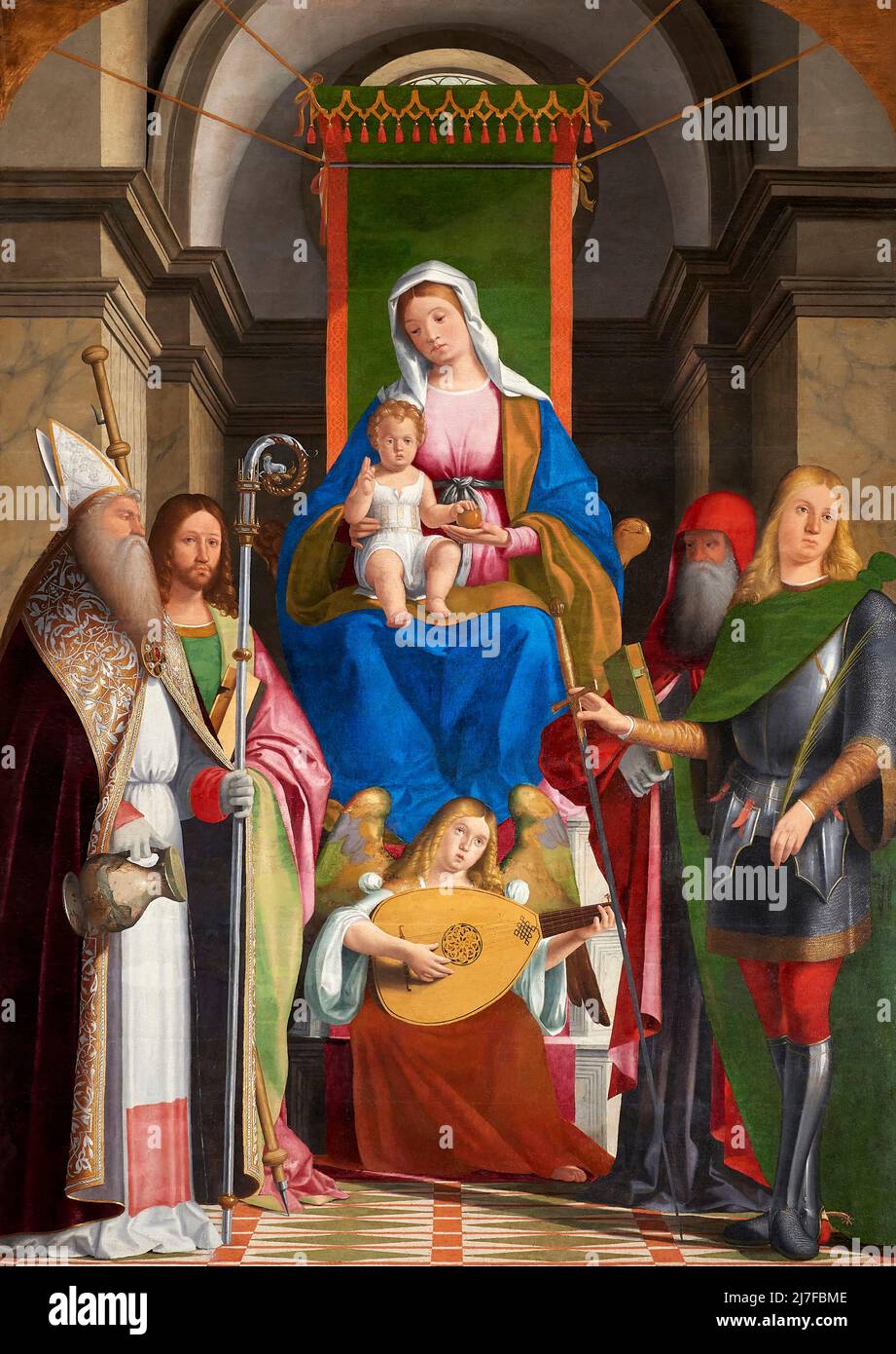 Madonna in trono col Bambino con San Prosdocimo, San Giacomo Maggiore, San Girolamo e San Giorgio  - olio su tavola  - Andrea Previtali - inizio del X Stock Photo