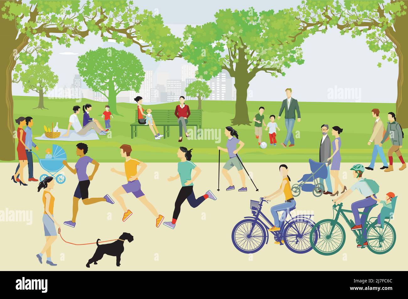 Families and other people have a rest in nature during free time, illustration Stock Vector