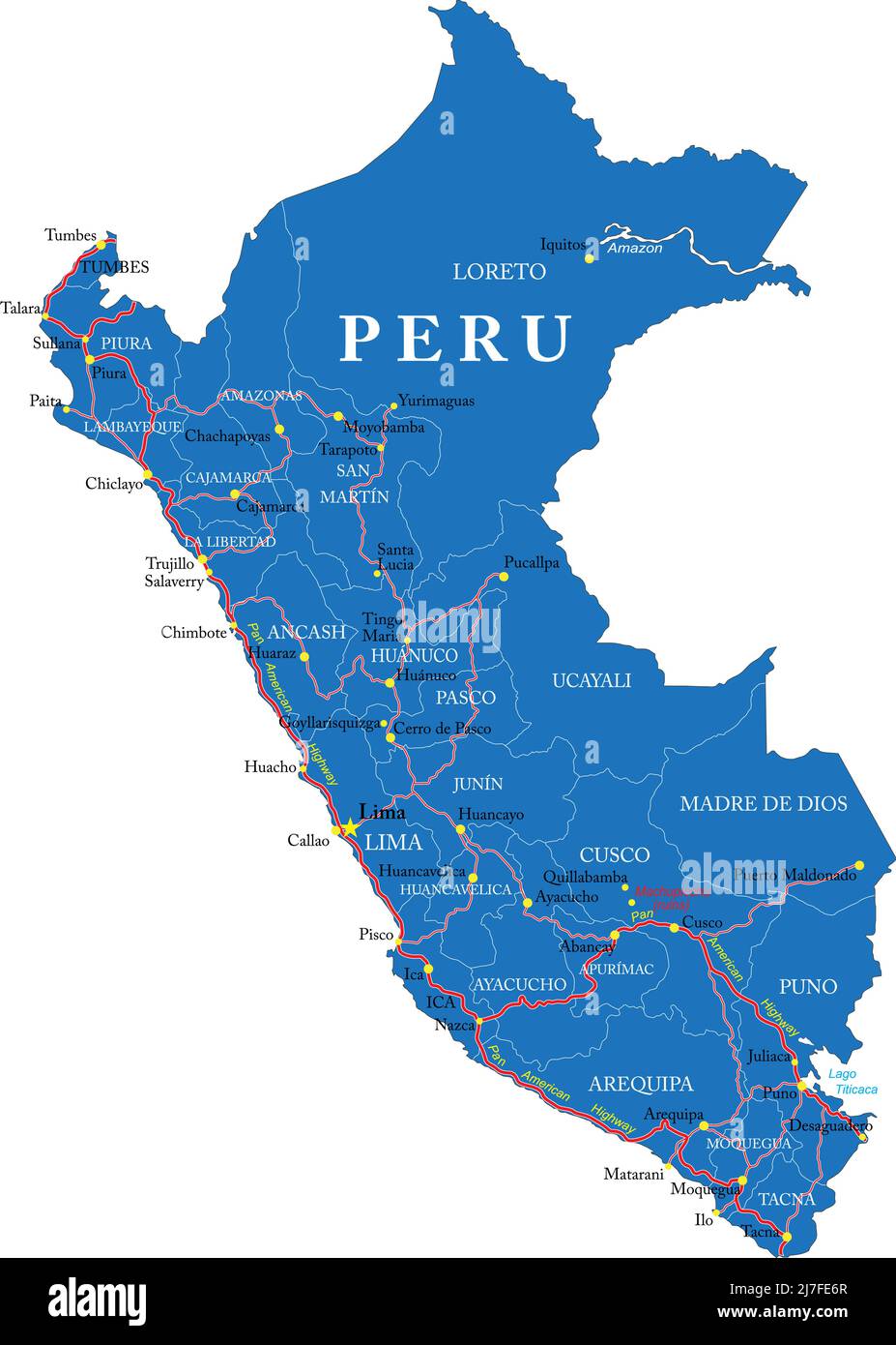 Highly detailed vector map of Peru with administrative regions, main cities and roads. Stock Vector
