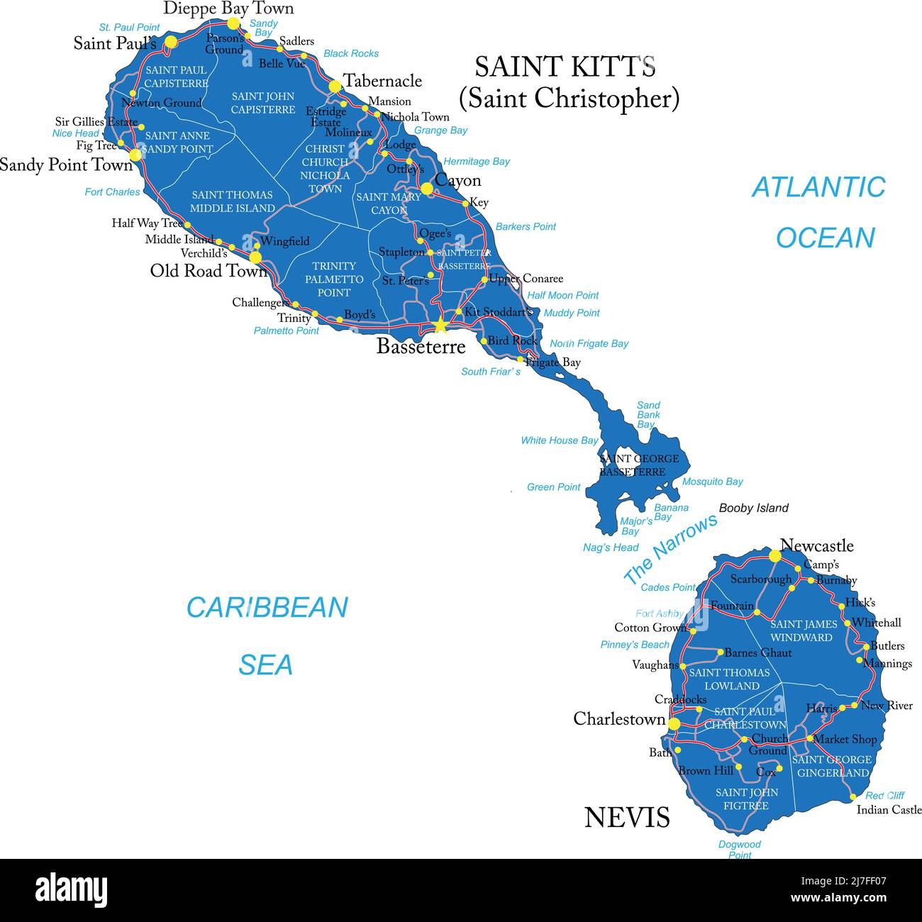 Highly detailed vector map of Saint Kitts and Nevis with administrative regions, main cities and