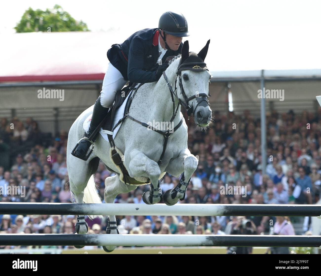 8th May 2022 Badminton Horse Trials Badminton Gloucester UK The final days Showjumping in the arena Oliver Townend GBR Swallow Springs 3rd overall Stock Photo