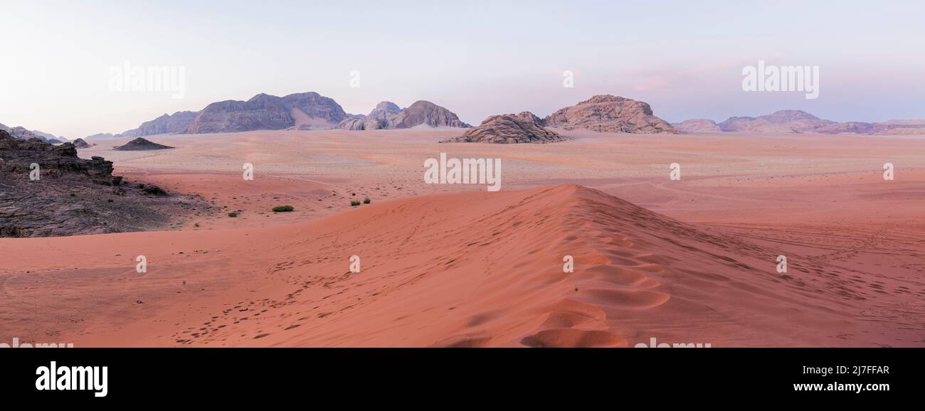 Panoramic view of sandstone rocks in Wadi Rum desert (Moon Valley). Jordan, Stock Photo