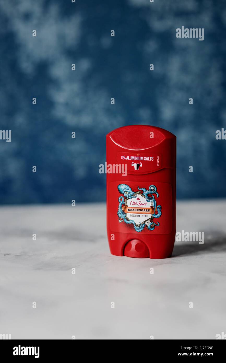Minsk, Belarus, May 2022 - mens stick of deodorant fresh Old Spice krakengard. Old Spice is an American brand of male grooming products. Stock Photo