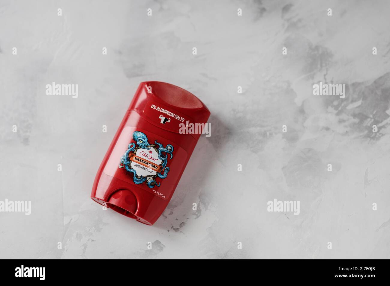 Minsk, Belarus, May 2022 -  Stick of deodorant Old Spice krakengard on background. Old Spice is an American brand of male grooming products. Stock Photo