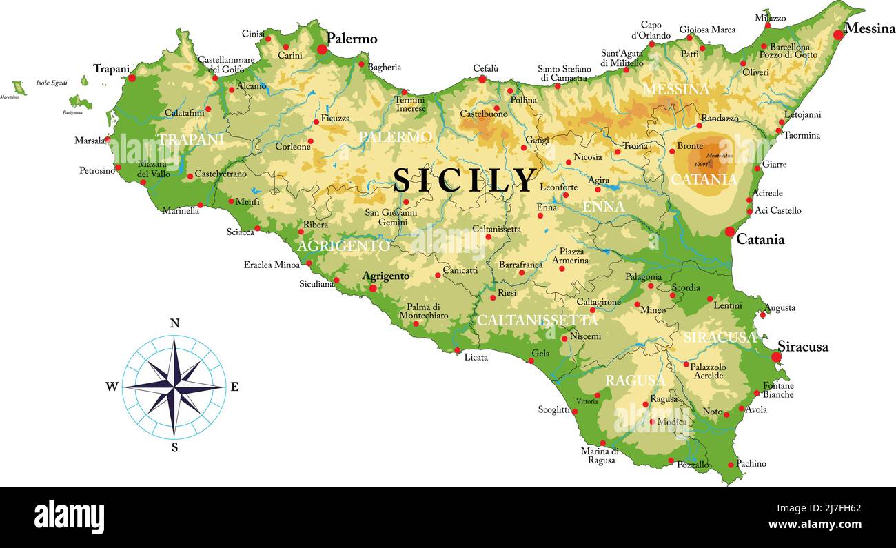 Highly detailed physical map of Sicily in vector format,with all the relief forms,regions and big cities. Stock Vector