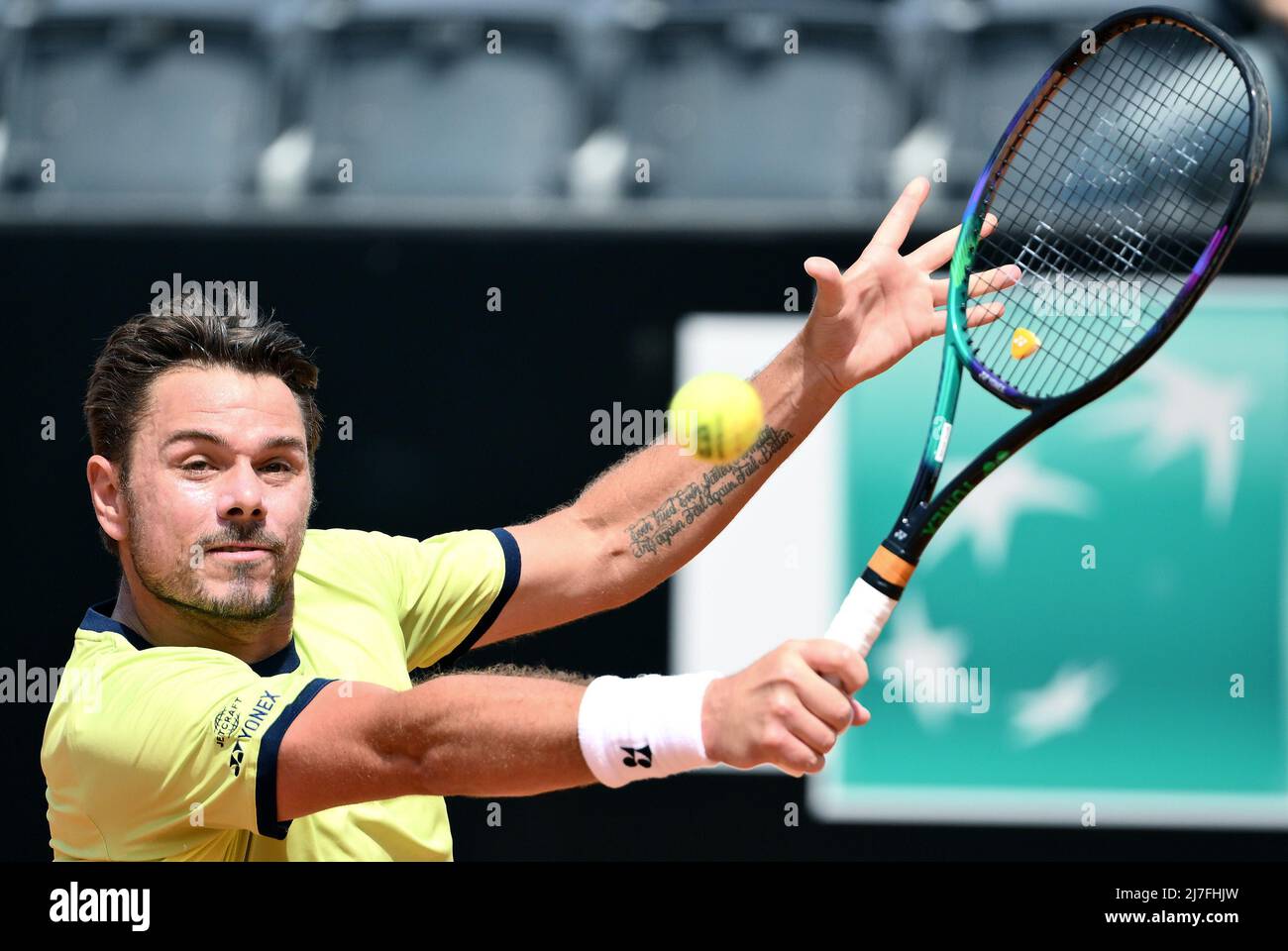 May 9, 2022, ROME Stan Wawrinka of Switzerland in action against Reilly Opelka of the US during their mens singles first round match at the Italian Open tennis tournament in Rome, Italy,