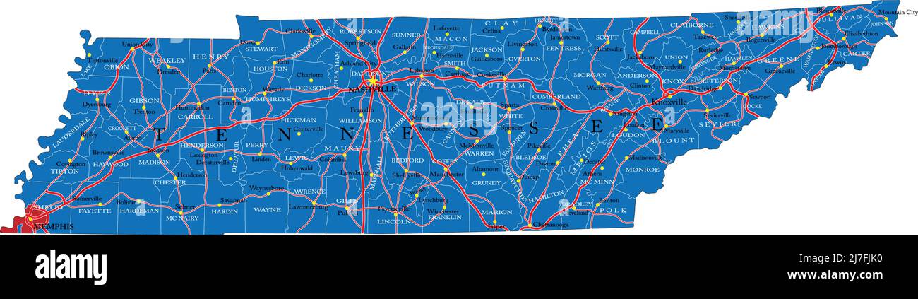 Detailed map of Tennessee state,in  vector format,with county borders,roads and major  cities. Stock Vector