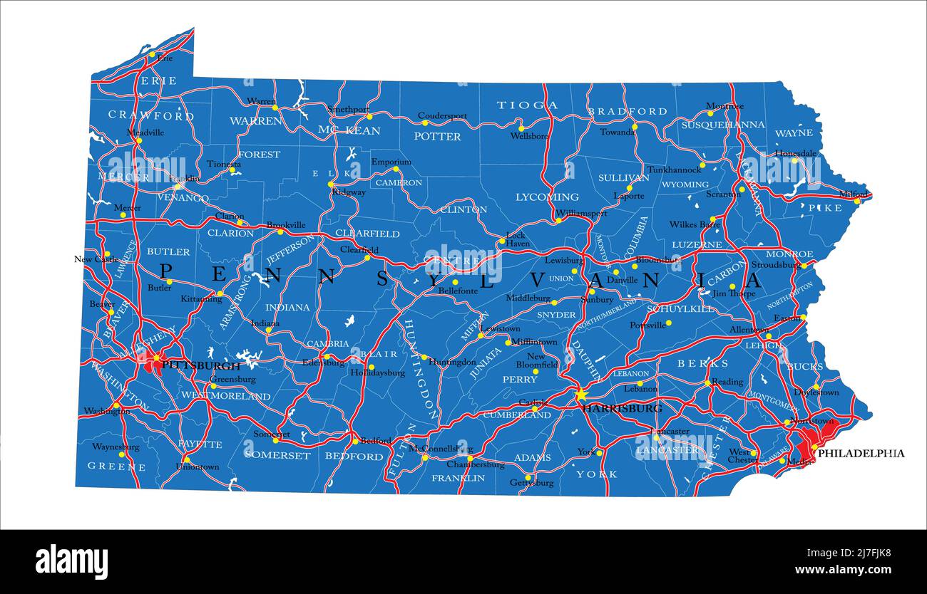 Detailed map of Pennsylvania state,in  vector format,with county borders,roads and major  cities. Stock Vector