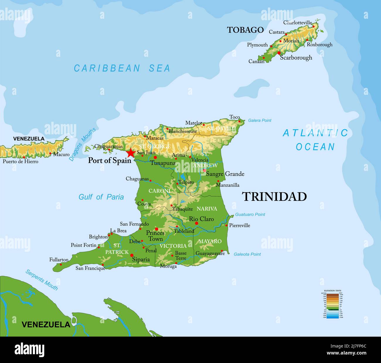 Highly detailed physical map of Trinidad and Tobago islands,in vector format,with all the relief forms,regions and big cities. Stock Vector