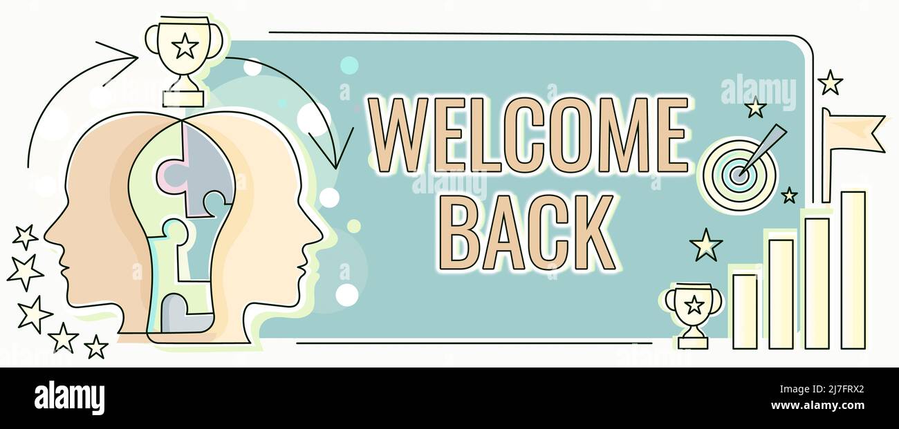 Writing displaying text Welcome Back. Business concept Warm Greetings Arrived Repeat Gladly Accepted Pleased Two Heads Connected Puzzle Showing Stock Photo