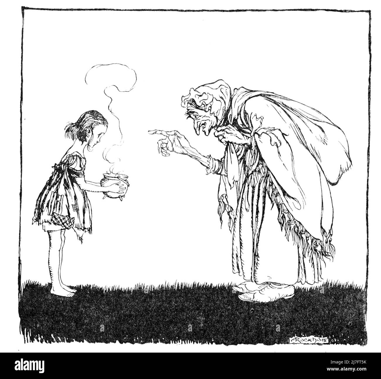 Sweet Porridge from the book ' Little brother & little sister : and other tales ' by Grimm, Jacob, 1785-1863; Grimm, Wilhelm, 1786-1859; Illustrated by Rackham, Arthur, 1867-1939, printer; Edinburgh University Press, Publication date 1917 Publisher London : Constable & Co. Stock Photo