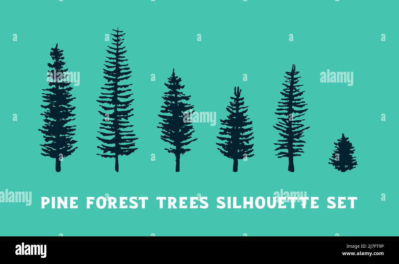 Pine and fir trees vector silhouette set. Flat design trees on green background Stock Vector
