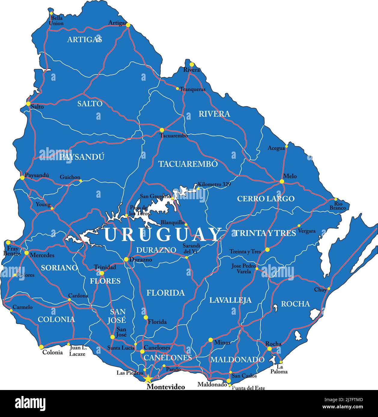 Detailed vector map Uruguay with country borders, county names, main roads and a highly detailed state silhouette. Stock Vector
