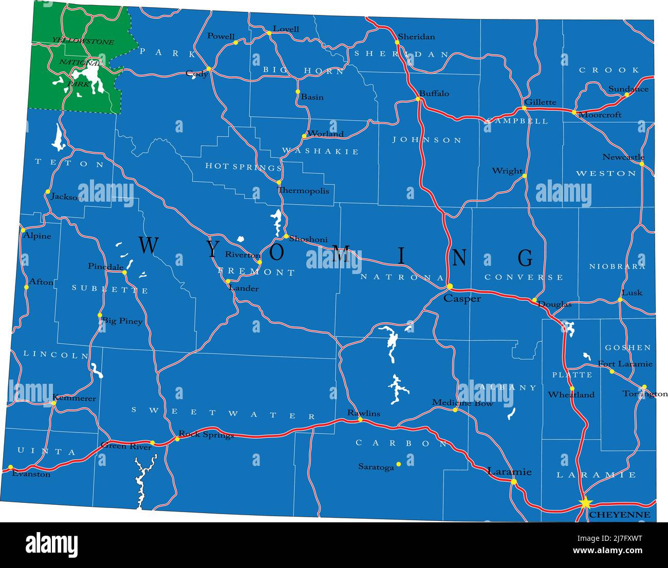 Detailed map of Wyoming state,in vector format,with county borders,roads and major cities. Stock Vector