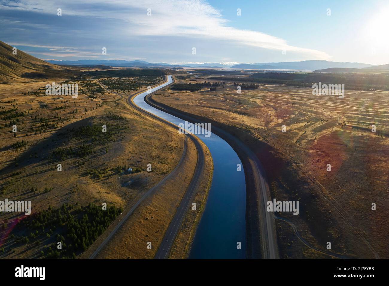Ohau Canal, near Twizel, Mackenzie Country, Canterbury, South Island, New Zealand - drone aerial Stock Photo