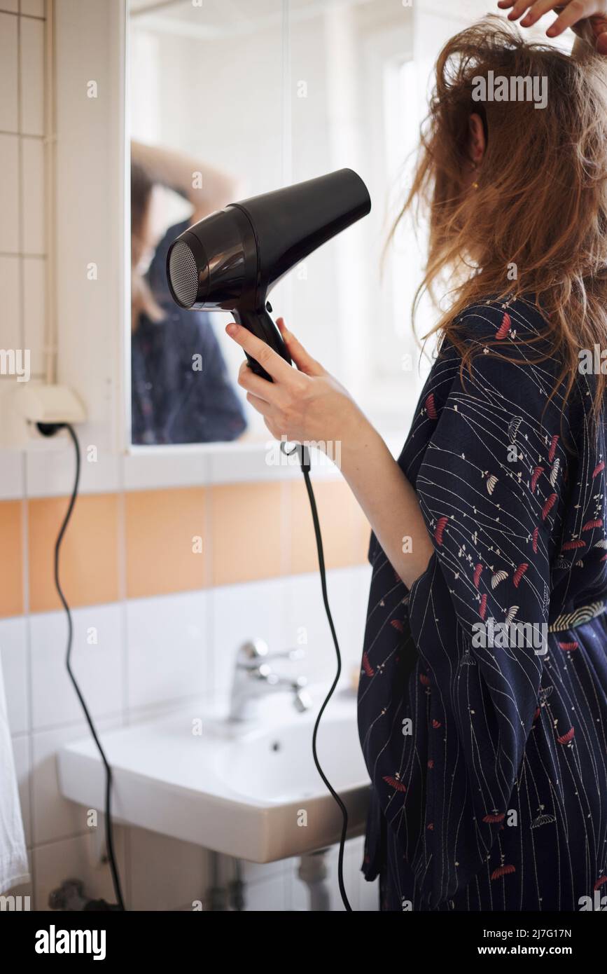 Woman Drying Hair Stock Photo Alamy