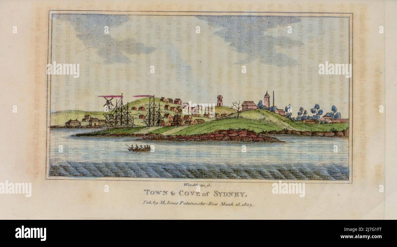 Town & Cove of Sydney from the book ' A account of a voyage to New South Wales ' by George Barrington, 1755-1804. Publication date 1803 Publisher London : M. Jones. George Barrington (14 May 1755 – 27 December 1804) was an Irish-born pickpocket, popular London socialite, Australian pioneer (following his transportation to Botany Bay), and author. His escapades, arrests, and trials were widely chronicled in the London press of his day. For over a century following his death, Stock Photo