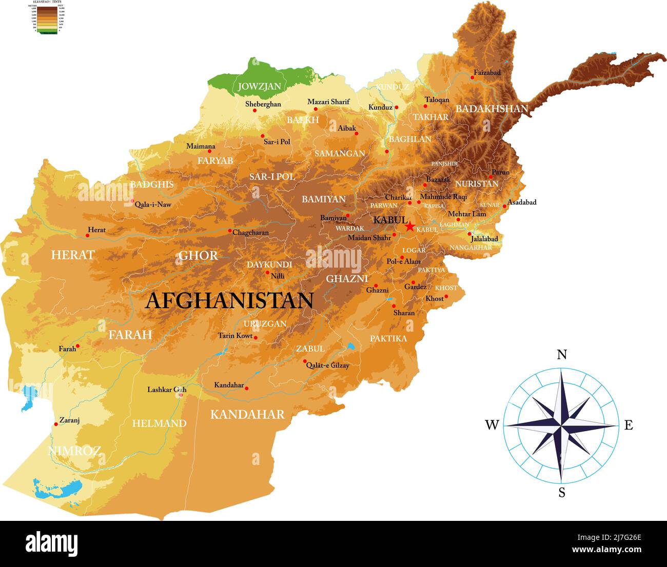 Highly detailed physical map of Afghanistan ,in vector format,with all the relief forms,regions and big cities. Stock Vector