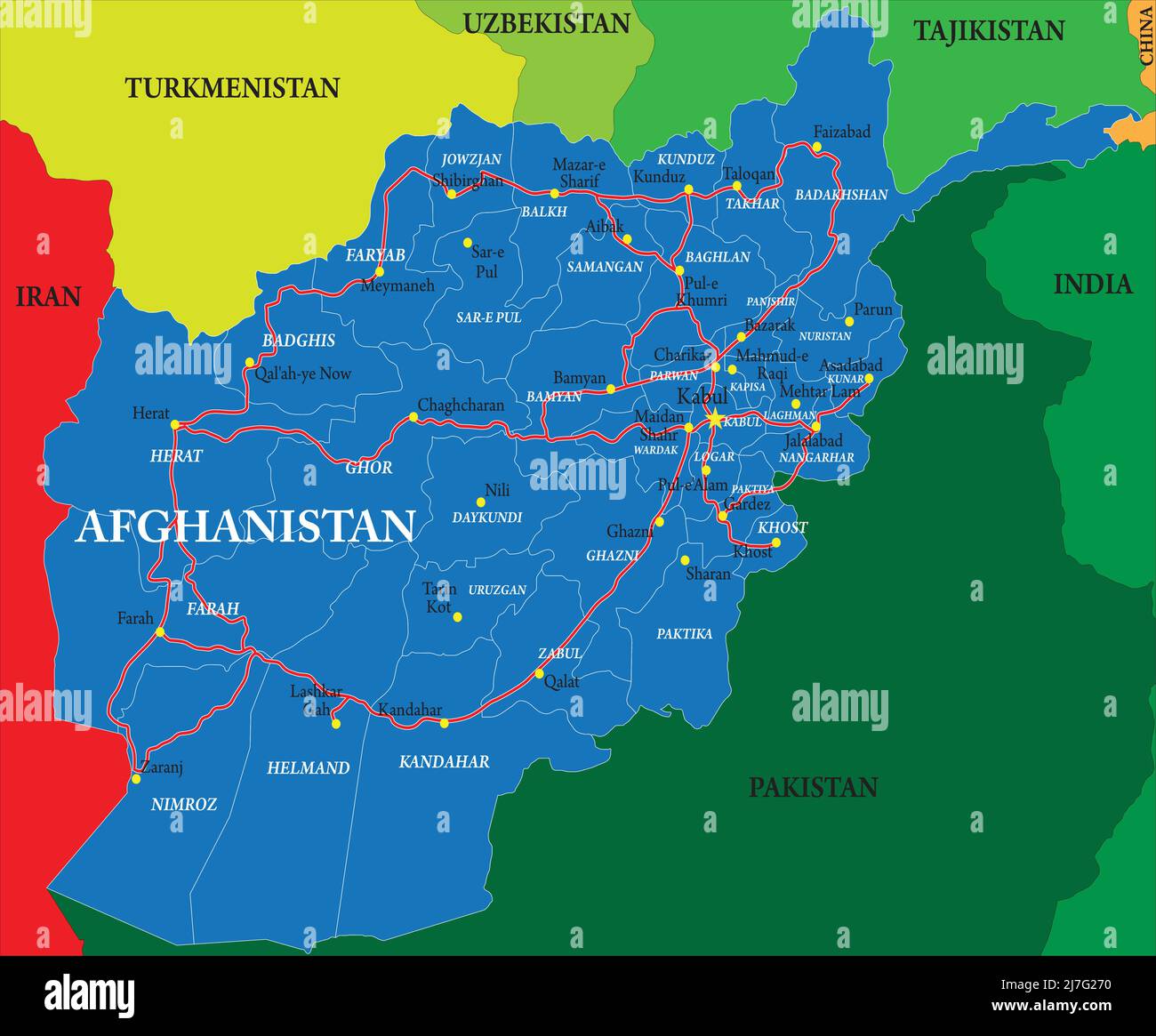 Highly detailed vector map of Afghanistan with main regions ,cities,and roads. Stock Vector