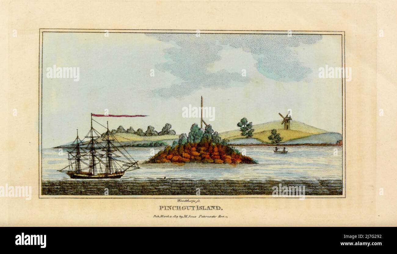Pinchgut Island from the book ' A account of a voyage to New South Wales ' by George Barrington, 1755-1804. Publication date 1803 Publisher London : M. Jones. George Barrington (14 May 1755 – 27 December 1804) was an Irish-born pickpocket, popular London socialite, Australian pioneer (following his transportation to Botany Bay), and author. His escapades, arrests, and trials were widely chronicled in the London press of his day. For over a century following his death, Stock Photo