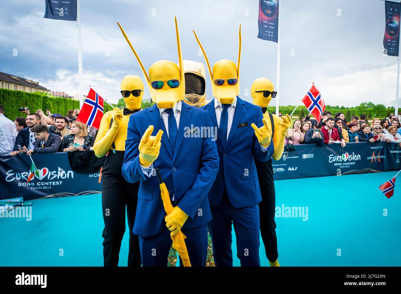 Turin, Italy 20220508.The Norwegian Eurovision participants Subwoolfer on the turquoise runner
