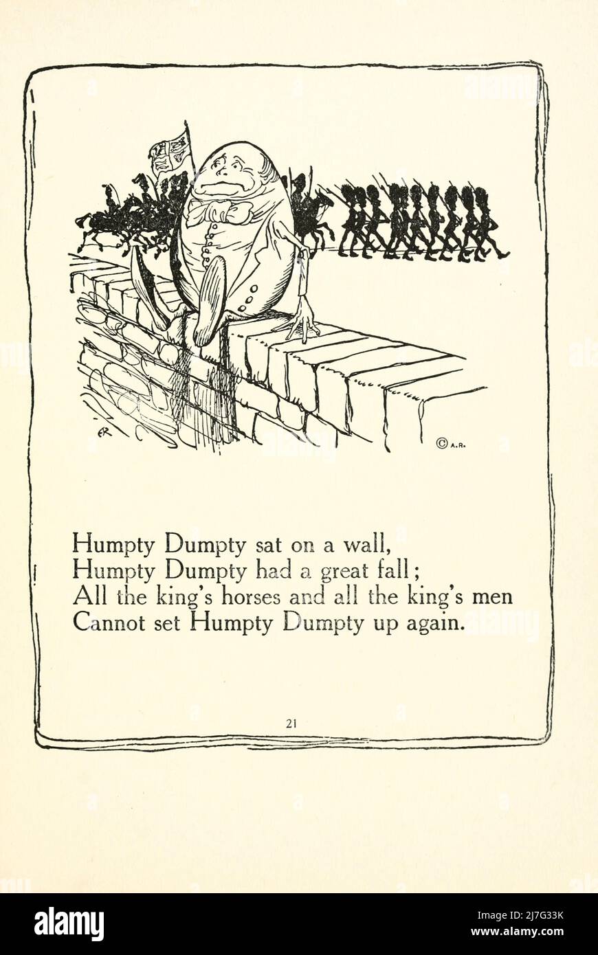 Humpty Dumpty sat on a wall, Humpty Dumpty had a great fall ; All the king's horses and all the king's men Cannot set Humpty Dumpty up again from ' Mother Goose The old nursery rhymes ' illustrated by Arthur Rackham, Published in 1913 Stock Photo