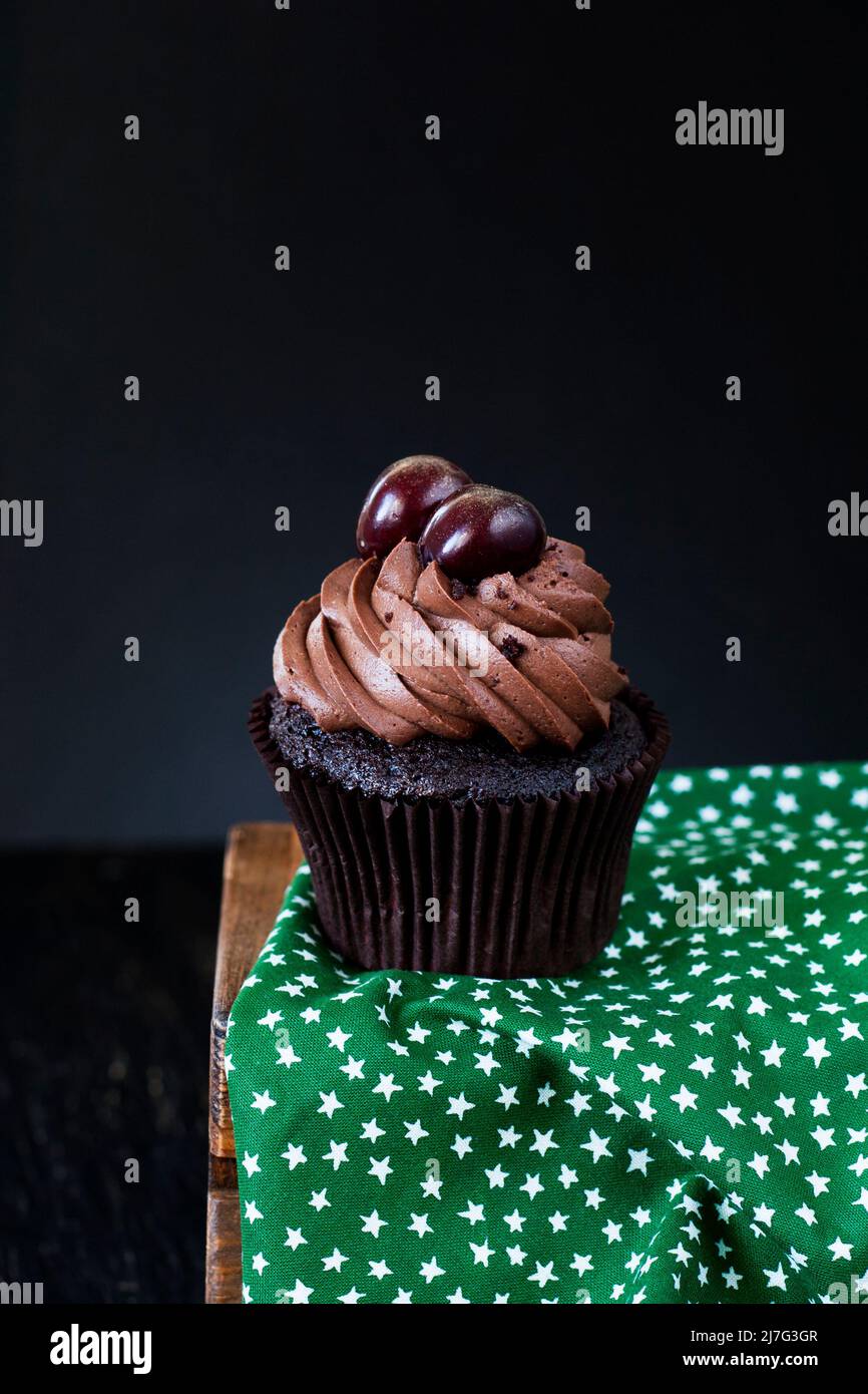 Tasty chocolate cake with juicy cherries on a dark background. Stock Photo