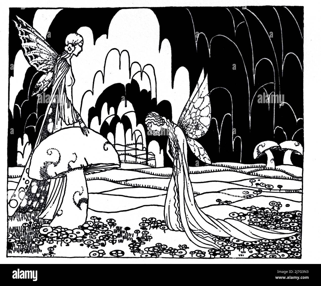 The fairy must give herself up to the queen and lose her power for eight days from the story PRINCESS ROSETTE from the book ' Old French fairy tales ' by comtesse de Ségur, Sophie, 1799-1874; and illustrated by Virginia Frances Sterrett. Published in Philadelphia, by The Penn publishing company 1920. A wonderful book with 5 timeless French fairy tales magnificently illustrated with 8 beautiful and dramatic full page color and many black and white drawings by Virginia Frances Sterrett. 'Done when she was only 19 years of age, this was Sterrett's (Chicago born) first book, Stock Photo