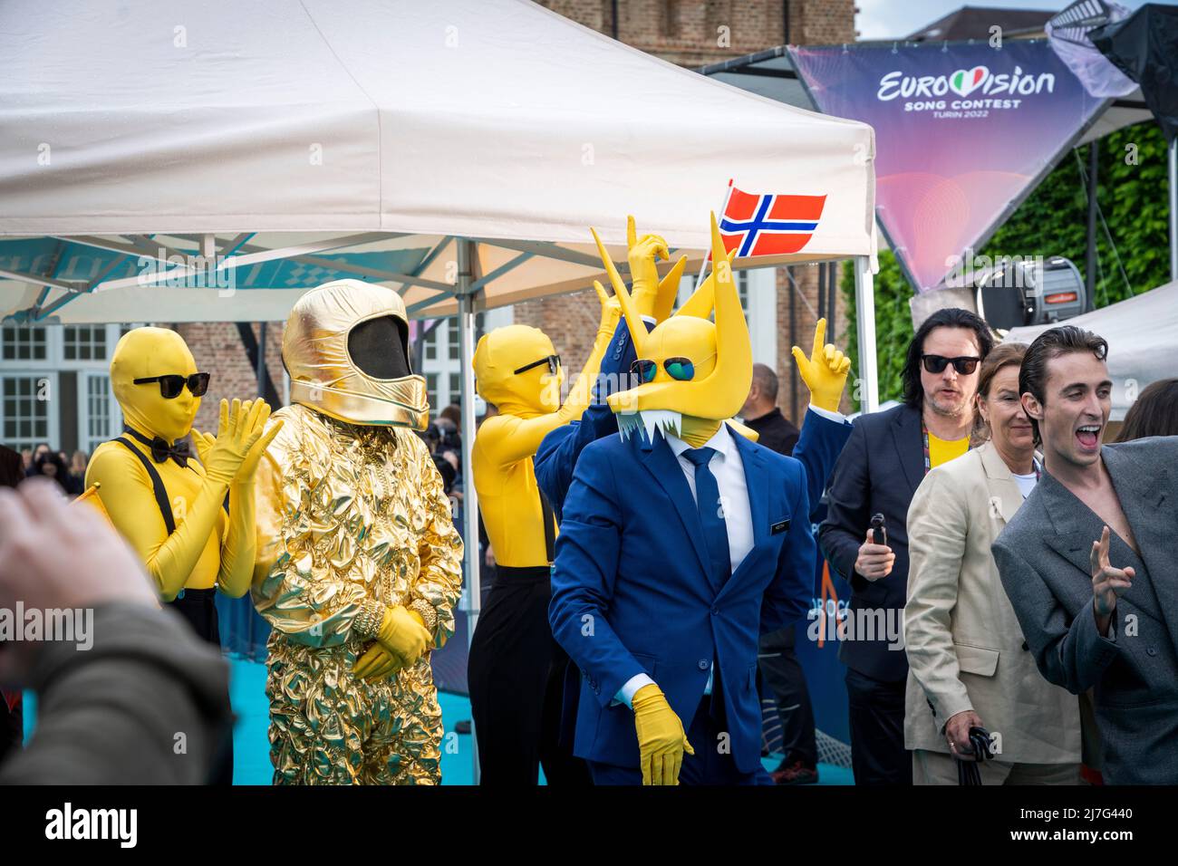 Turin, Italy 20220508.The Norwegian Eurovision participants Subwoolfer on the turquoise runner