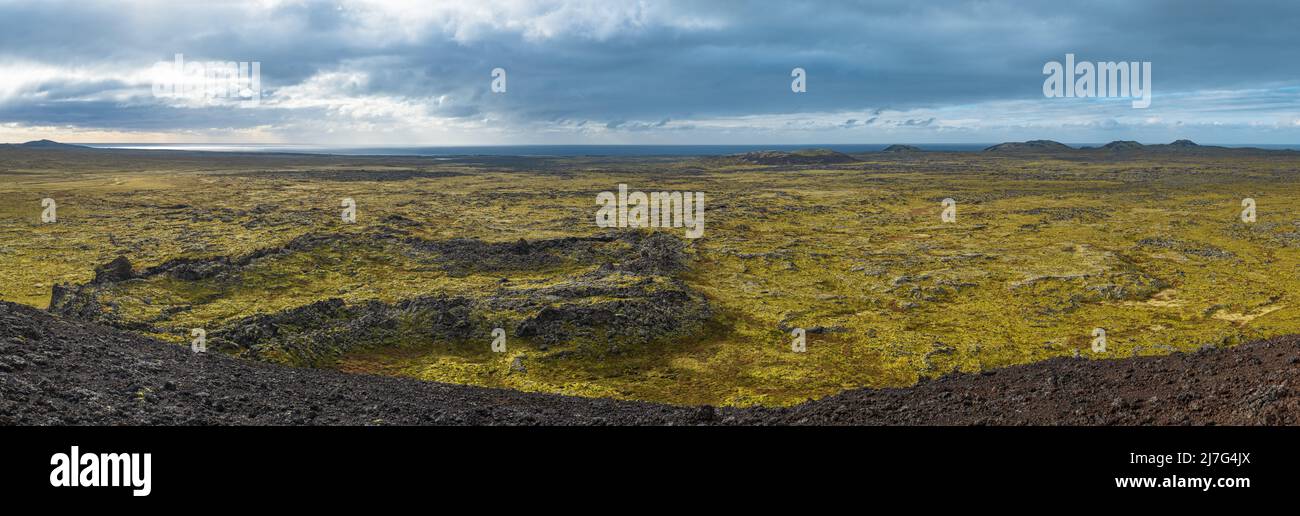 Spectacular volcanic view from Saxholl volcano Crater, Snaefellsnes peninsula, Snaefellsjokull National Park, West Iceland. Stock Photo